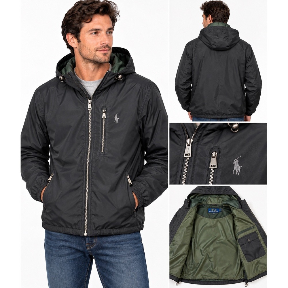 Polo Ralph Lauren Men's Large Black Hooded Jacket Full Zip Lightweight